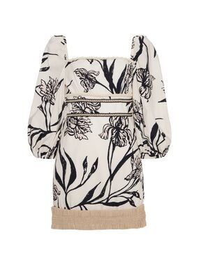 PatBO Iris Floral Puff Sleeve Mini Dress Raffia Fringe Boho Wedding Guest - 6